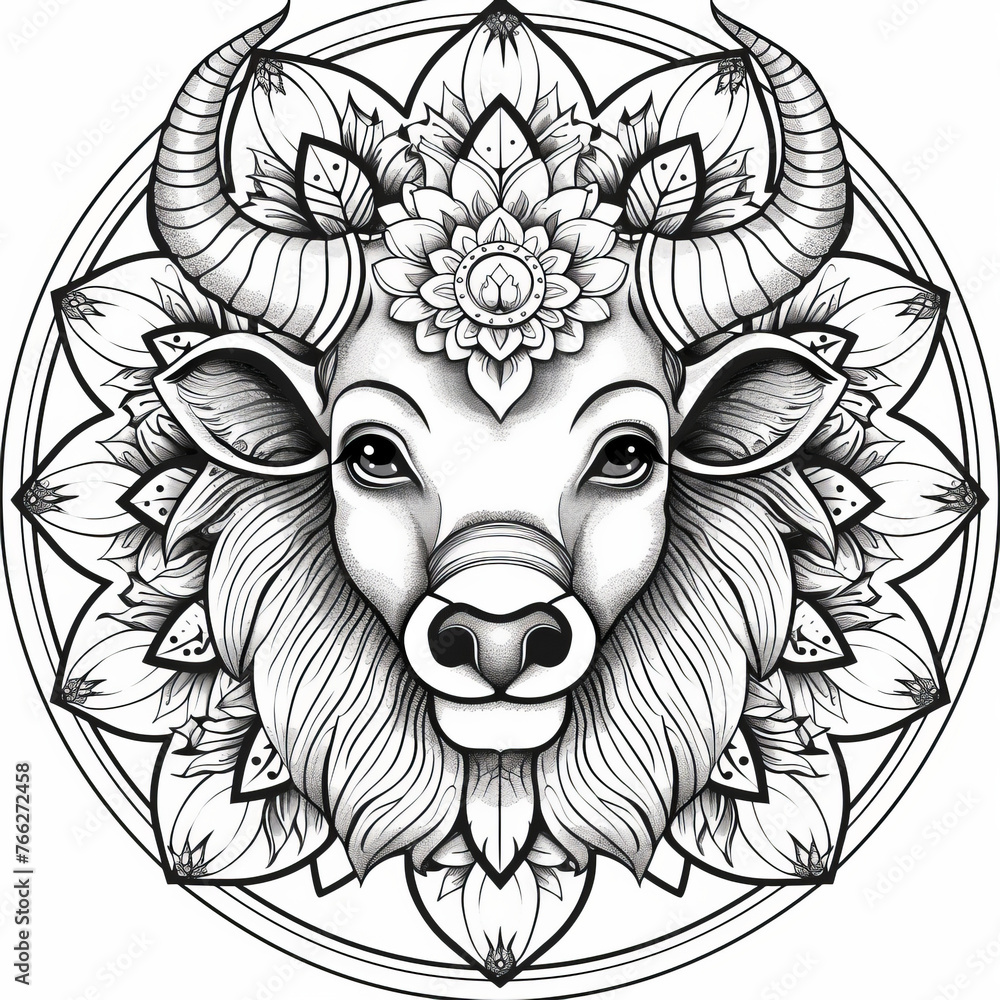 Fototapeta premium A monochrome vector illustration of a bison head with mandala and tribal design elements.