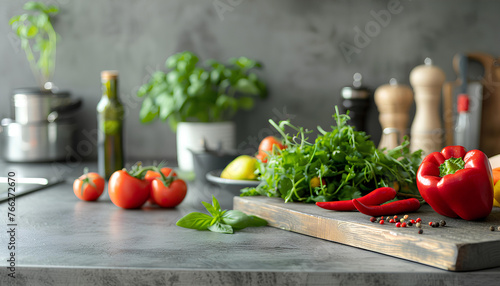 food cooking concept  front view on fresh vegetables standing on wooden countertop