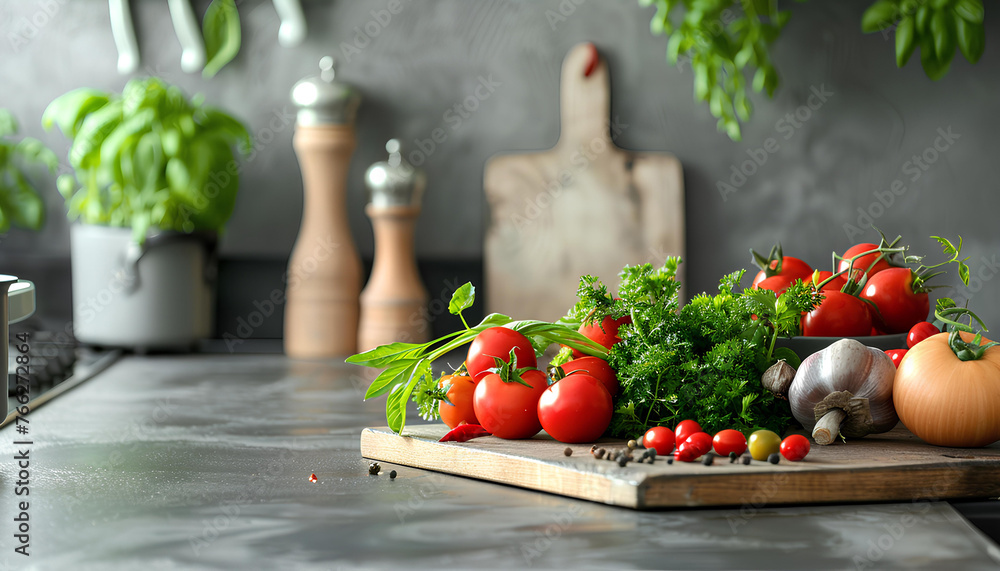 food cooking concept, front view on fresh vegetables standing on wooden countertop food cooking concept, front view on fresh vegetables standing on wooden countertop