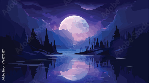 Futuristic night landscape moonlight shine. Dark natu