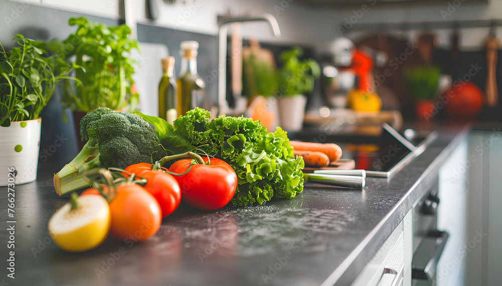 food cooking concept, front view on fresh vegetables standing on wooden countertop food cooking concept, front view on fresh vegetables standing on wooden countertop