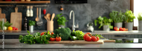food cooking concept, front view on fresh vegetables standing on wooden countertop