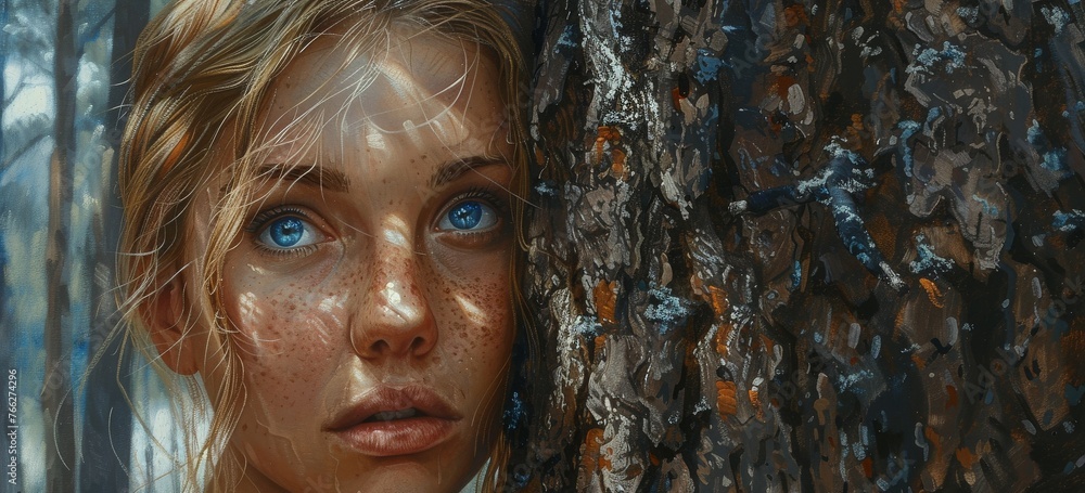 Woman With Blue Eyes Standing by Tree Woman With Blue Eyes Standing by Tree