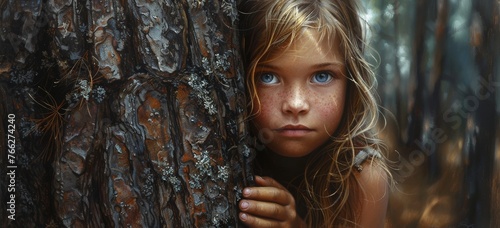 Girl Hiding Behind Tree in Woods photo