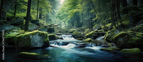 A picturesque scene of a river flowing through a vibrant green forest with rocky banks and towering trees  creating a stunning natural landscape