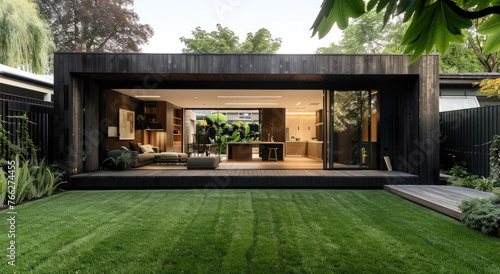 A small modern dark timber house with an open floor plan interior, large sliding glass doors leading to the backyard and a wooden deck area, and a dining table on one side