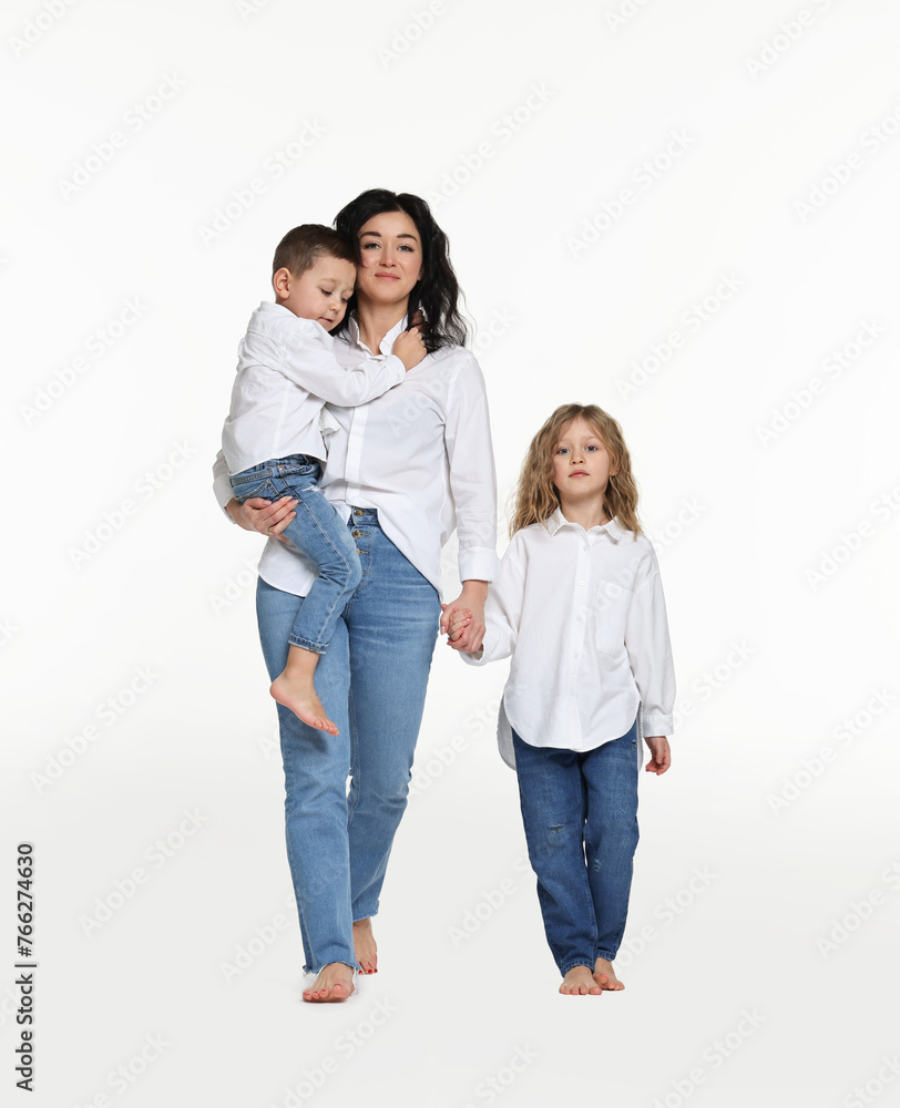 Little children with their mother on white background Little children with their mother on white background
