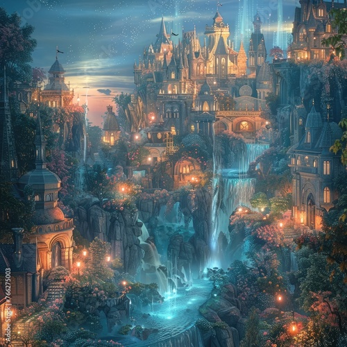 Enchanted 3D Illustrated Fantasy Landscape with Illuminated Fairytale Castle,Waterfalls,and Bridges at Nightfall