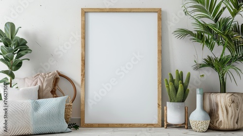 Poster mockup with vertical wooden frame in home interior background photo