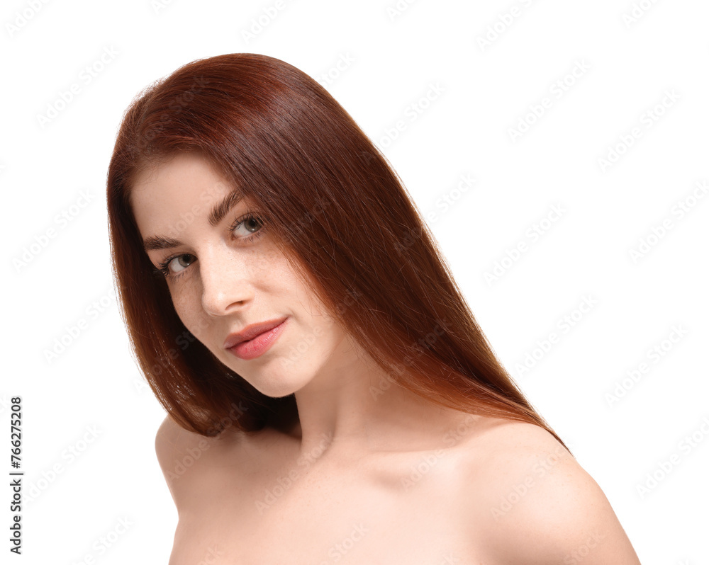 Portrait of beautiful woman with freckles on white background Portrait of beautiful woman with freckles on white background