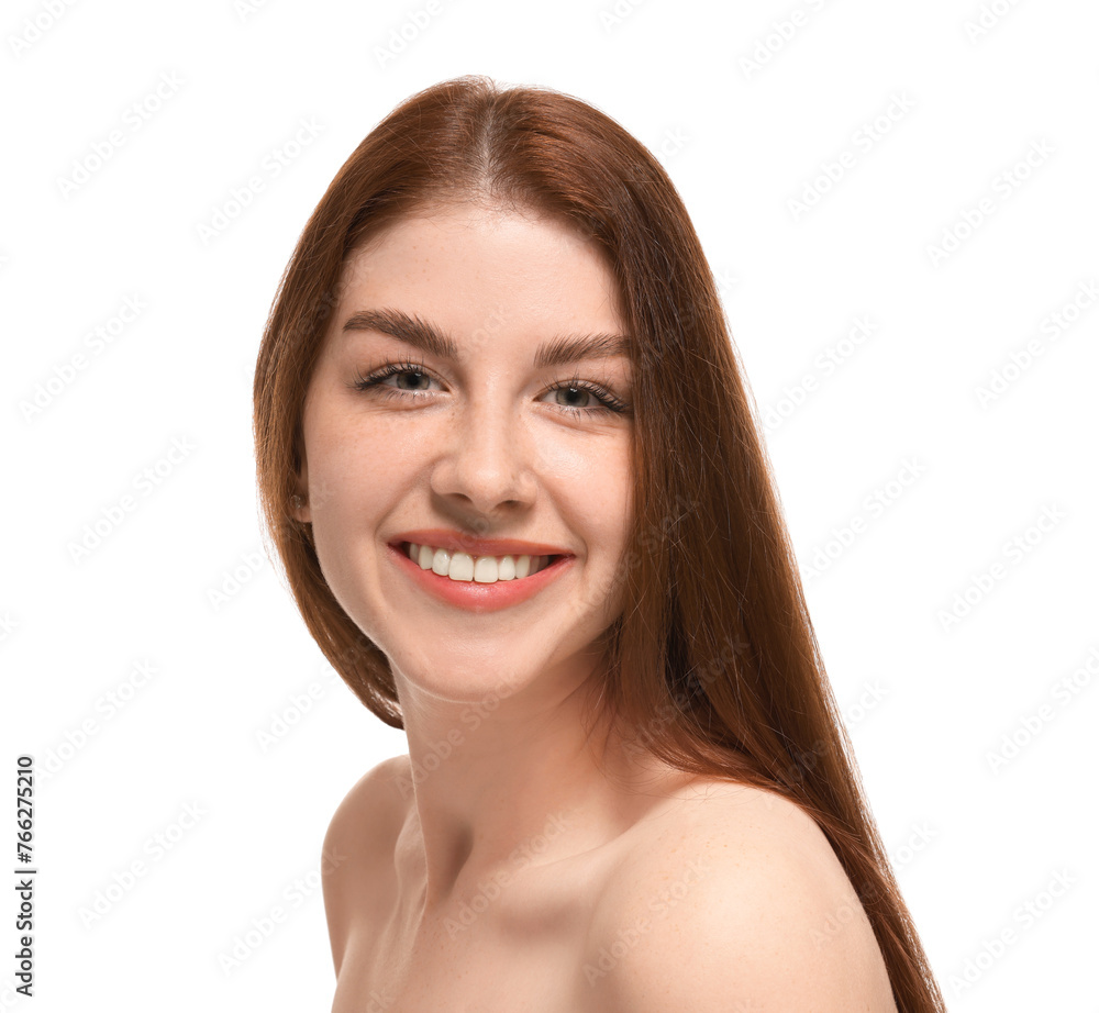 Portrait of smiling woman with freckles on white background Portrait of smiling woman with freckles on white background