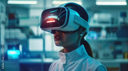 Woman in VR headset, lit by screen glow, futuristic, tech ambiance.