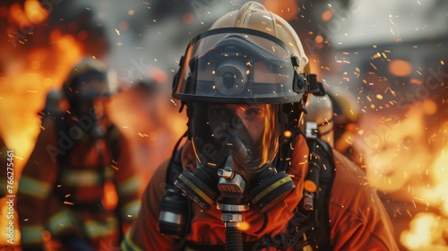 Firefighter in action with intense flames.