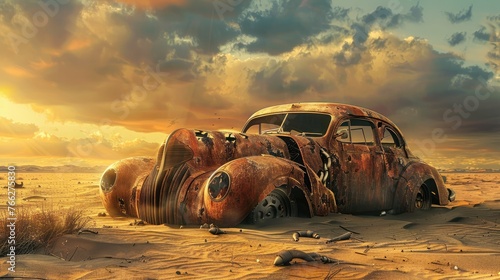A Haunting Scene of Abandoned Vintage Car in Untouched Desert