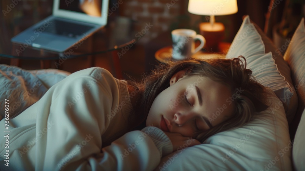 Young woman asleep on a pillow, cozy atmosphere, warm light, laptop nearby. Young woman asleep on a pillow, cozy atmosphere, warm light, laptop nearby.