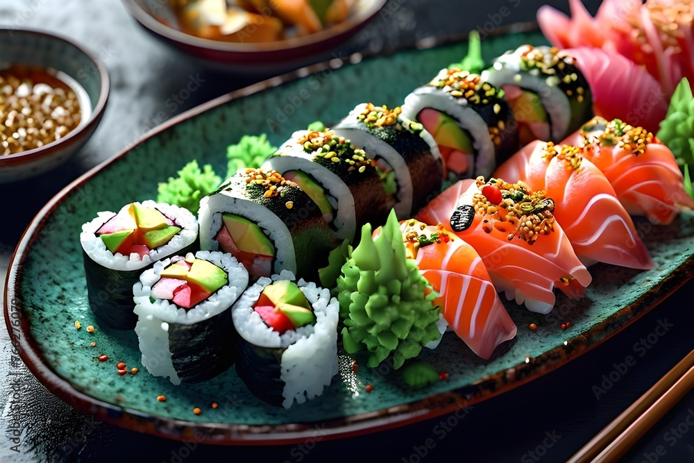 beautifully plated sushi platter with an array of colorful rolls, garnished with fresh wasabi and ginger. vibrant colors. perfect for food enthusiasts. generative ai