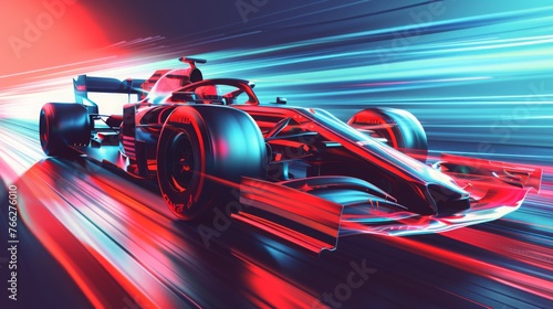 Formula One f1. Abstract vector 3d f 1 bolide racecar on speedway. Fast motion. Finish line. Success in competition, race winner, business win concept. Auto sport, fast automobile symbol © JovialFox