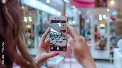 Woman Taking Picture of Store With Cell Phone