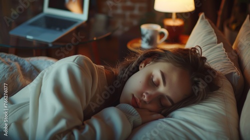 Young woman asleep on a pillow, cozy atmosphere, warm light, laptop nearby.