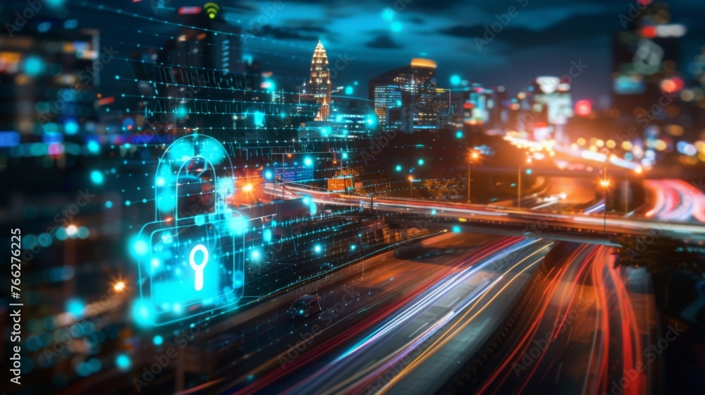 Glowing holographic padlock overlays a bustling nighttime road in Bangkok, symbolizing cyber security measures to safeguard companies. Image is achieved through a double exposure technique