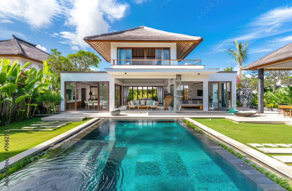 A photo of the front view of an elegant and modern Bali-style villa with a big garden, concrete walls, swimming pool