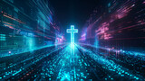 Digital illustration of glowing neon cross in data stream tunnel. Futuristic or virtual reality concept of faith and spirituality in cyber landscape. Religious symbolism with modern digital aesthetic