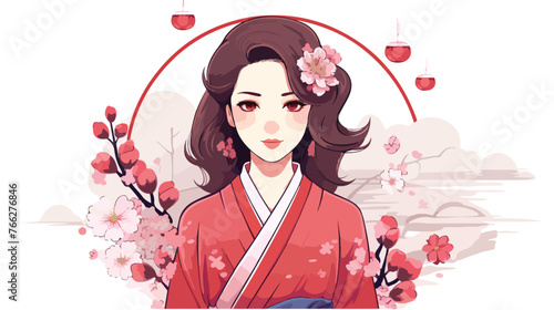 Japan woman with flower. Line art vector Flat vector