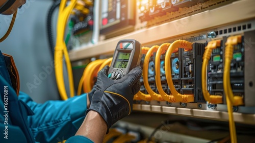 Electricity and electrical maintenance service, Engineer hand holding AC voltmeter checking electric current voltage at circuit breaker terminal and cable wiring main power distribution board