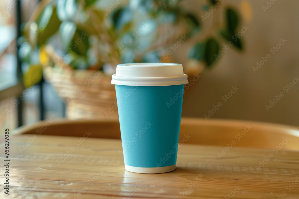 A teal coffee cup on a wooden table, exuding modern eco-friendly vibes. A teal coffee cup on a wooden table, exuding modern eco-friendly vibes.