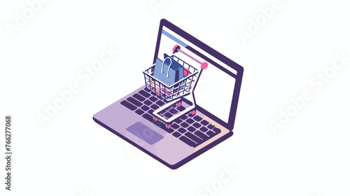 Laptop shopping cart online shopping icon Flat vector