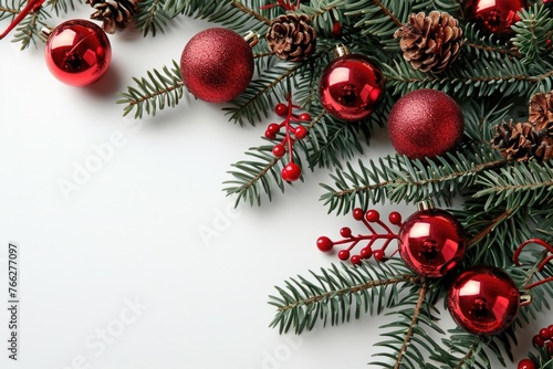 Festive Foliage  Red Ball Garland and Fir Tree Branches with Copy Space