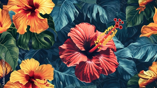 Hawaiian Hibiscus - Seamless Fabric Textile with Abstract Floral Pattern