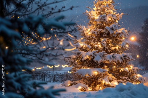 Illuminated Snowy Christmas Tree in Winter Wonderland