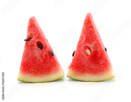Close-up of watermelon slices against white background - stock photo
