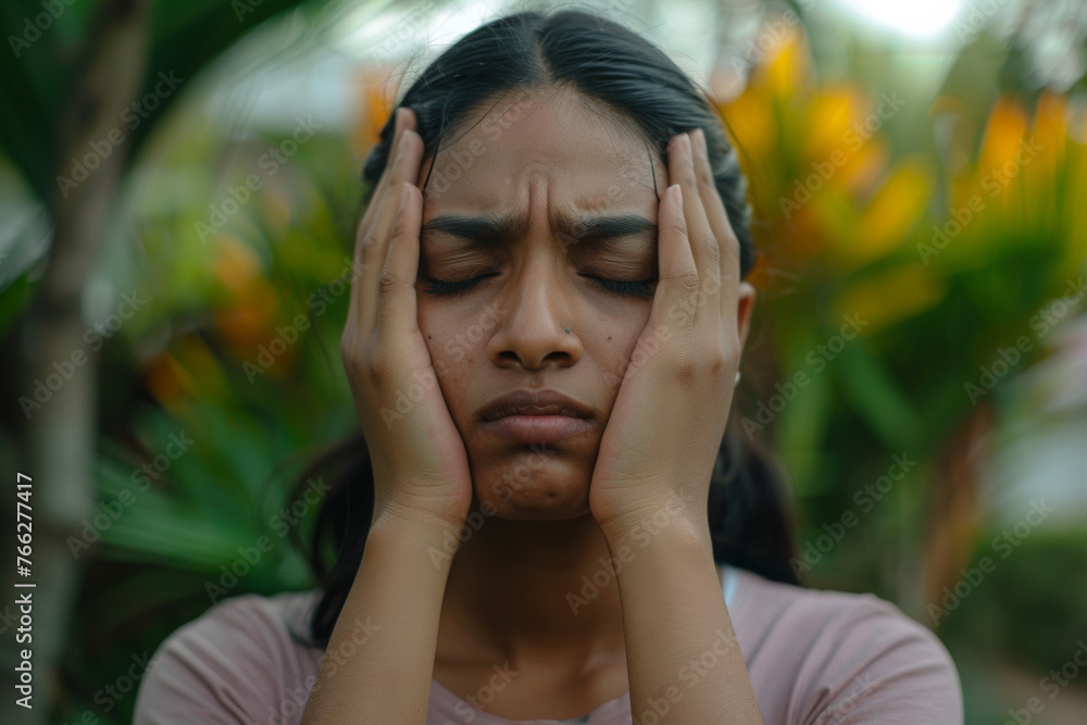 A young woman outdoors, expressing stress or headache with a pained expression.