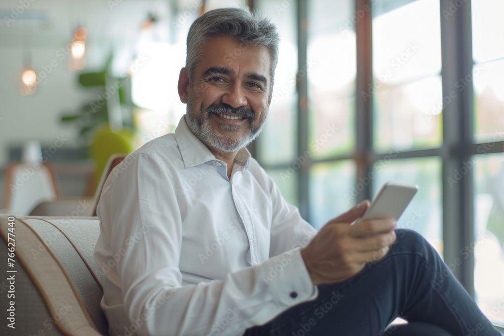 Charismatic gentleman with a silver beard cheerfully using his smartphone. Charismatic gentleman with a silver beard cheerfully using his smartphone.