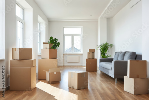 Bright and spacious room filled with moving boxes.
