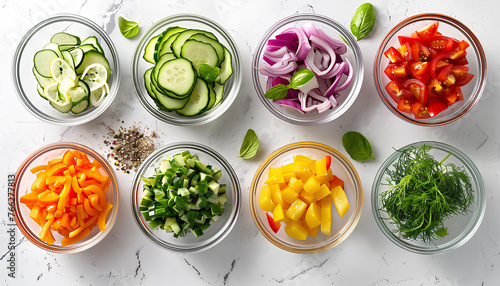 Food frame for rawfoodists. Set of different fresh raw vegetables in glass bowls. Ingredients for vegetarian dishes