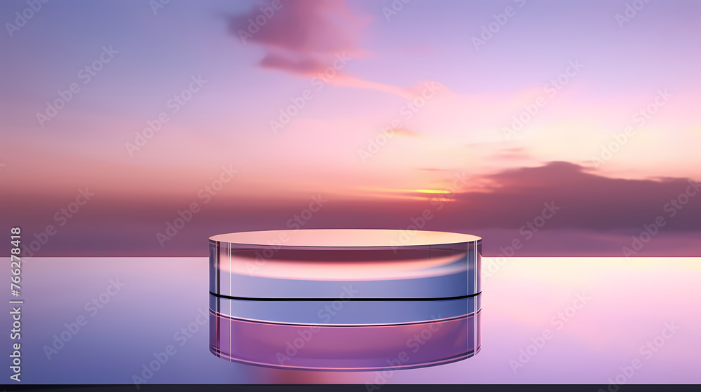 Glass podium on gentle sunset sky background Glass podium on gentle sunset sky background