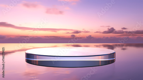Glass podium on gentle sunset sky background