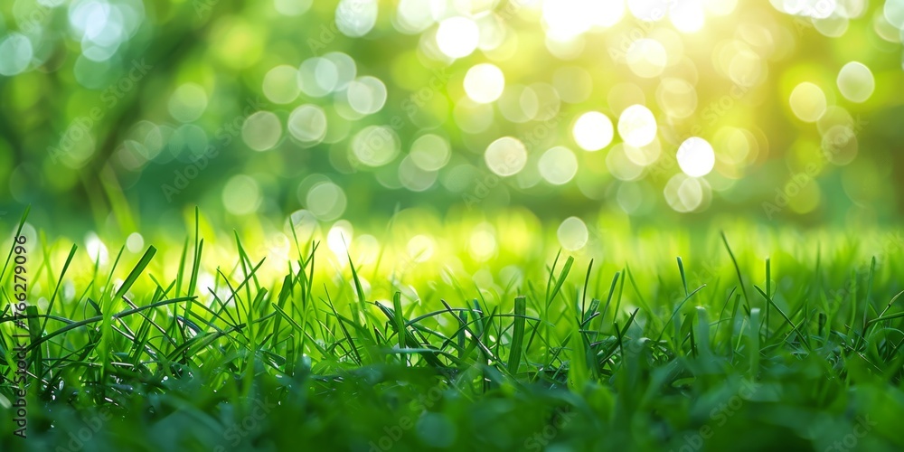 green lawn grass with morning dew at sunrise against the background of a defocused blur effect