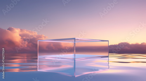 Glass podium on gentle sunset sky background