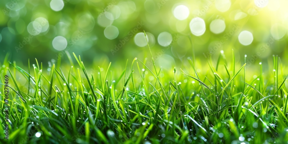 green lawn grass with morning dew at sunrise against the background of a defocused blur effect