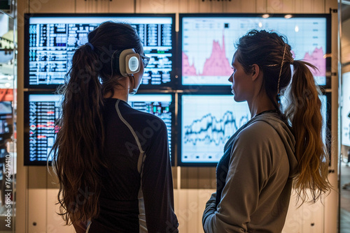 Athletes wearing smart gear that monitors performance through embedded semiconductors and CPUs, displaying data on a giant screen, merging physical prowess with technological insight photo