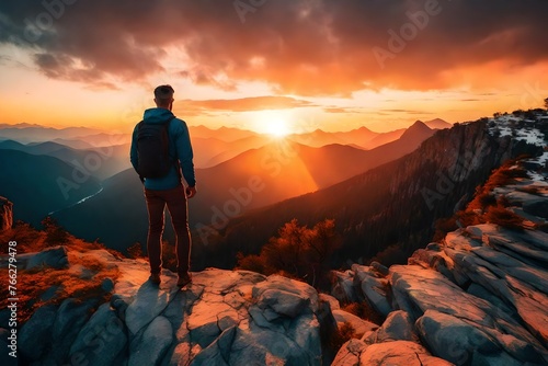 Adventurous man is standing on top of the mountain