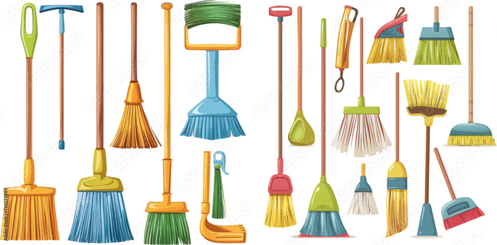 Sweeper brooms, home cleaning mops and cleanup broom with dustpan - obrazy, fototapety, plakaty 