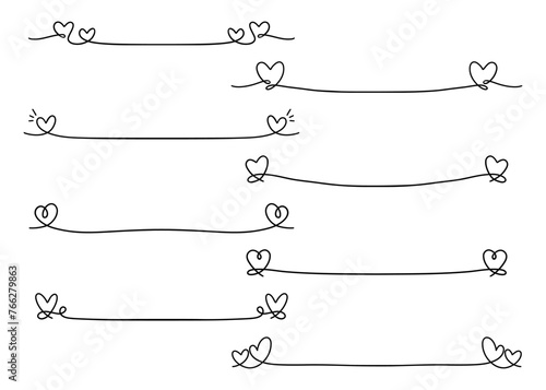 シンプルなハートの手書きのラインのセット、飾り罫、テキスト装飾素材