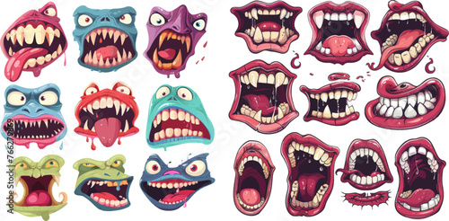 Funny jaws and crazy face laugh maws of happy bizarre creatures photo