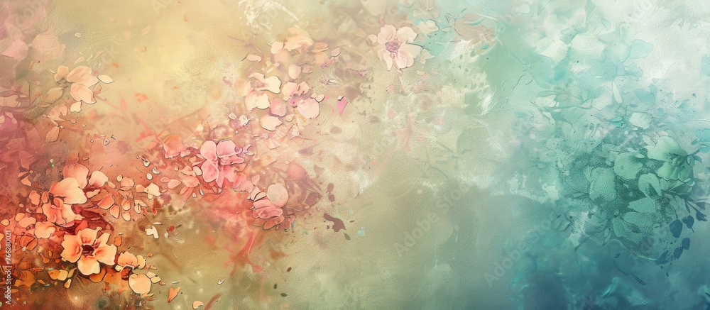 Obraz premium A floral pattern featuring peach flowers on a vibrant blue and yellow background, resembling a beautiful landscape art piece. Captured in macro photography