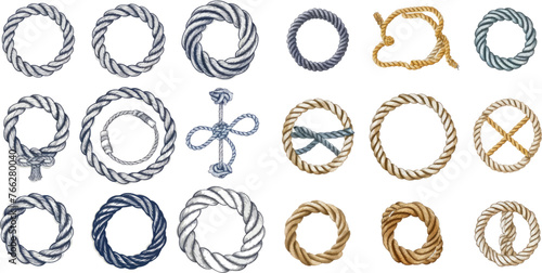 Rounds cordage knot stamp or nautical twisted knots logo isolated vector icons set